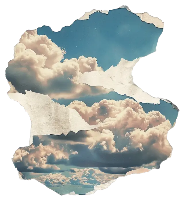 Collage vintage : nuages dans un ciel bleu, papier déchiré