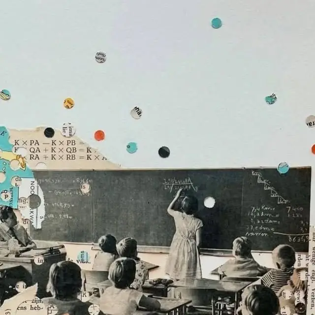 Collage éditorial avec ardoise, livres ouverts et toque de diplômé