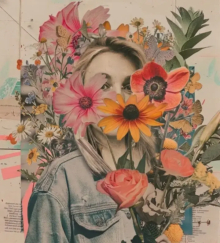 Portrait collage de Marie Bastide, consultante en numérique responsable à Toulouse, entouré de fleurs et de papiers vintage