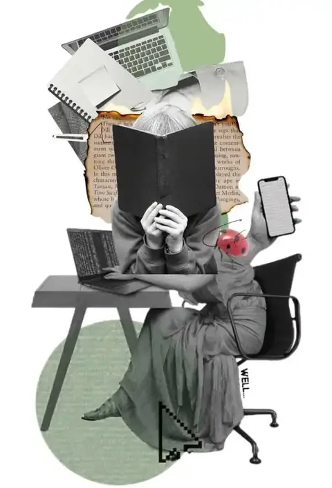 Collage : une lectrice assise à son bureau, le visage caché par un livre ouvert, entourée d'ordinateurs, d'un téléphone et de pages arrachées